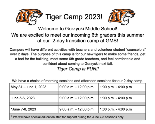 GMS Tiger Camp Details